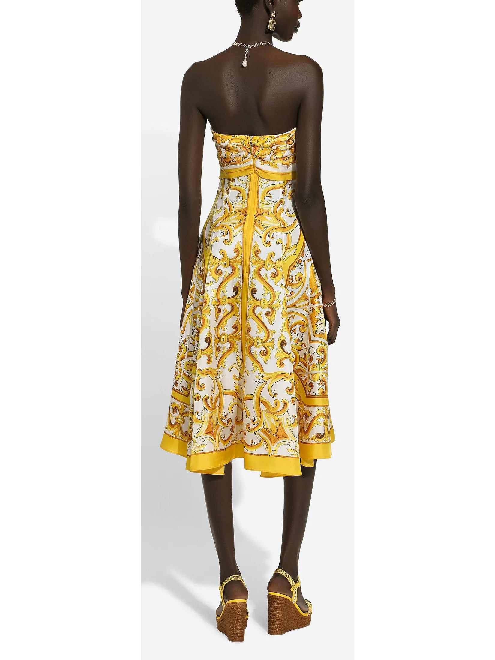 Majolica Italian Printed Strapless Printed Silk Charmeuse Dress in Yellow and White - Dresses