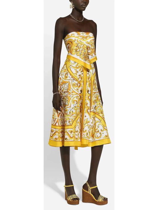 Majolica Italian Printed Strapless Printed Silk Charmeuse Dress in Yellow and White - small - Dresses