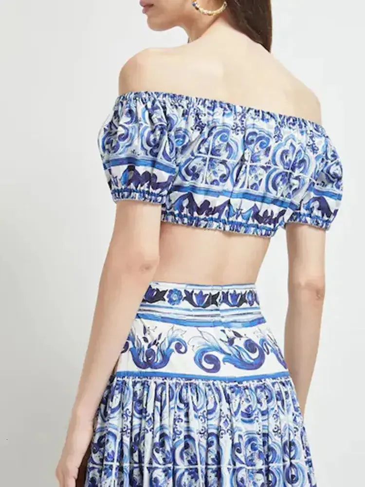 Majolica Off-Shoulder Cropped Top in Blue and White - Tops