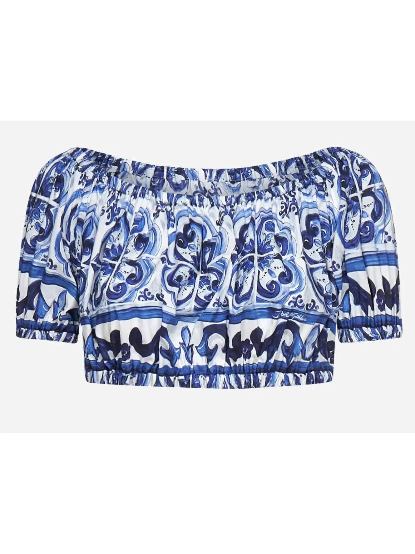 Majolica Off-Shoulder Cropped Top in Blue and White - Tops