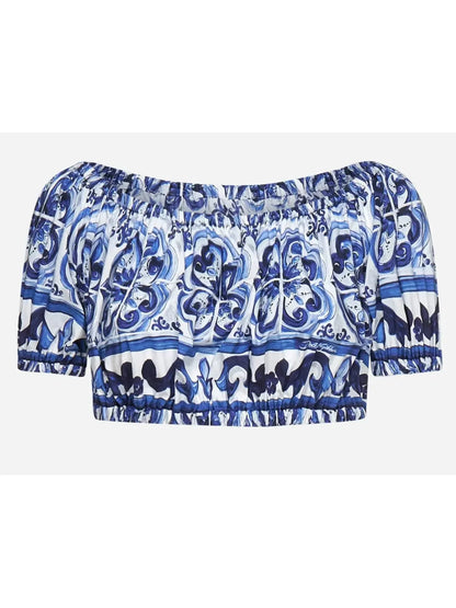 Majolica Off-Shoulder Cropped Top in Blue and White - Tops