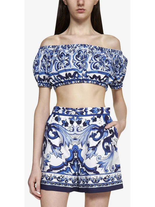 Majolica Off-Shoulder Cropped Top in Blue and White - Tops