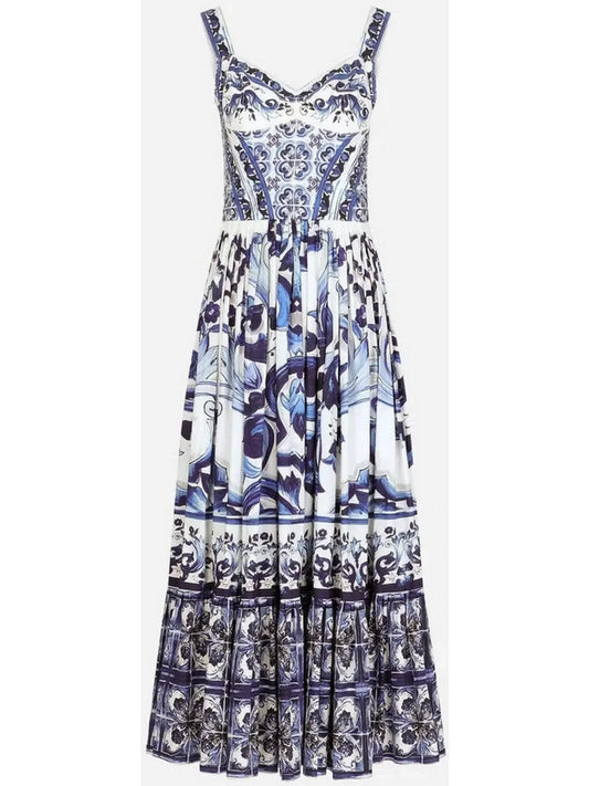 Majolica-Print Calf-Length Bustier Dress in Poplin - Dresses