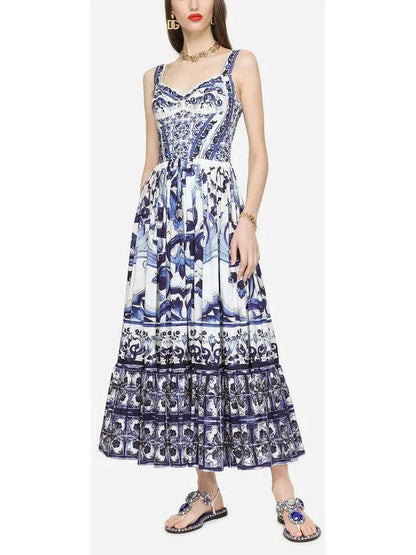 Majolica-Print Calf-Length Bustier Dress in Poplin - Dresses