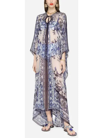 Majolica-Print Chiffon Kaftan Dress with Under Bralette Cropped Tank Top and Short Set - Dresses