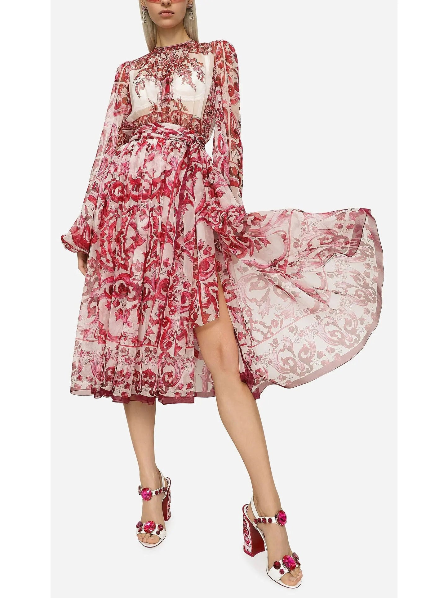 Majolica Print Chiffon Midi Dress - Dresses