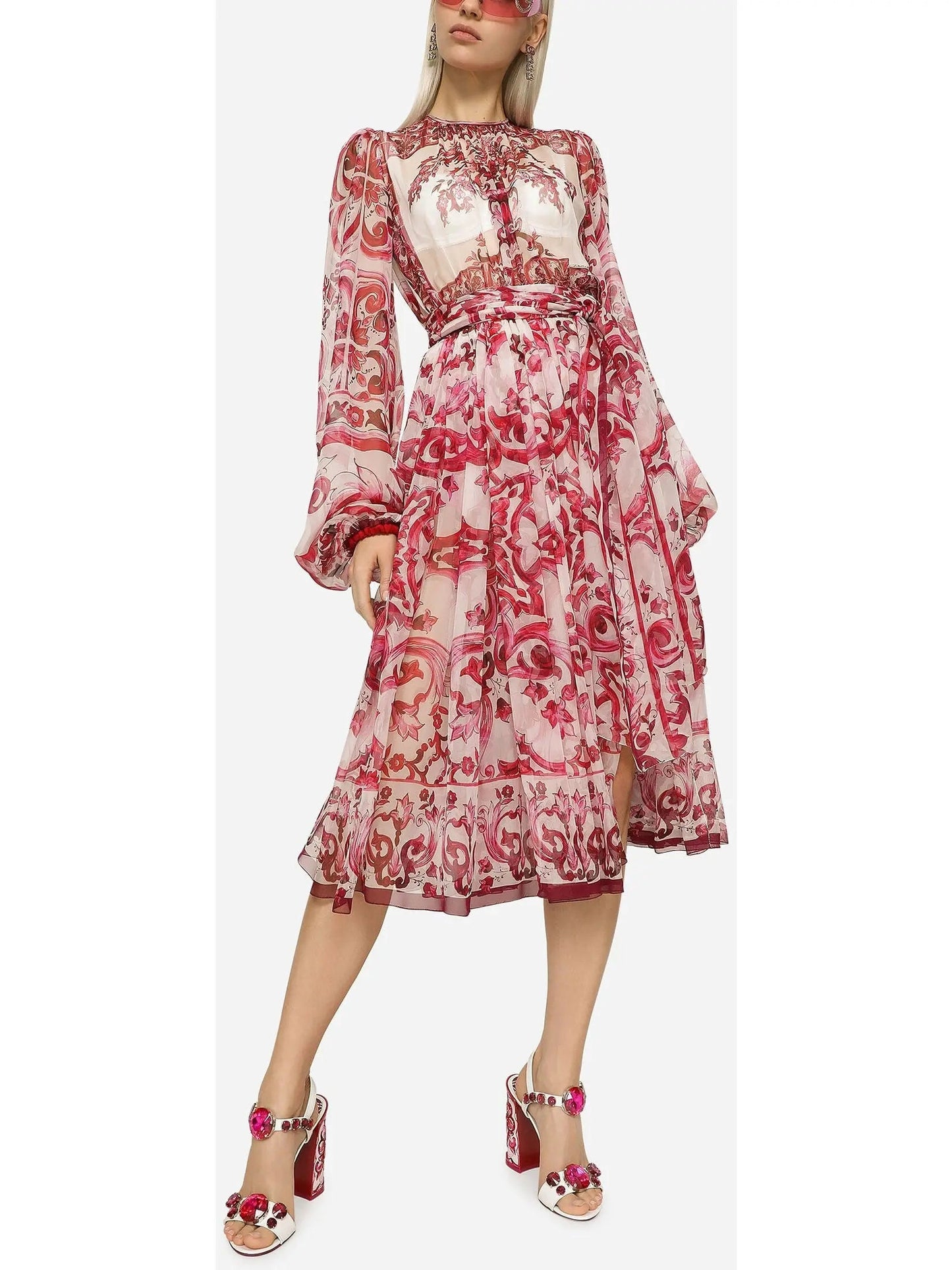 Majolica Print Chiffon Midi Dress - Dresses