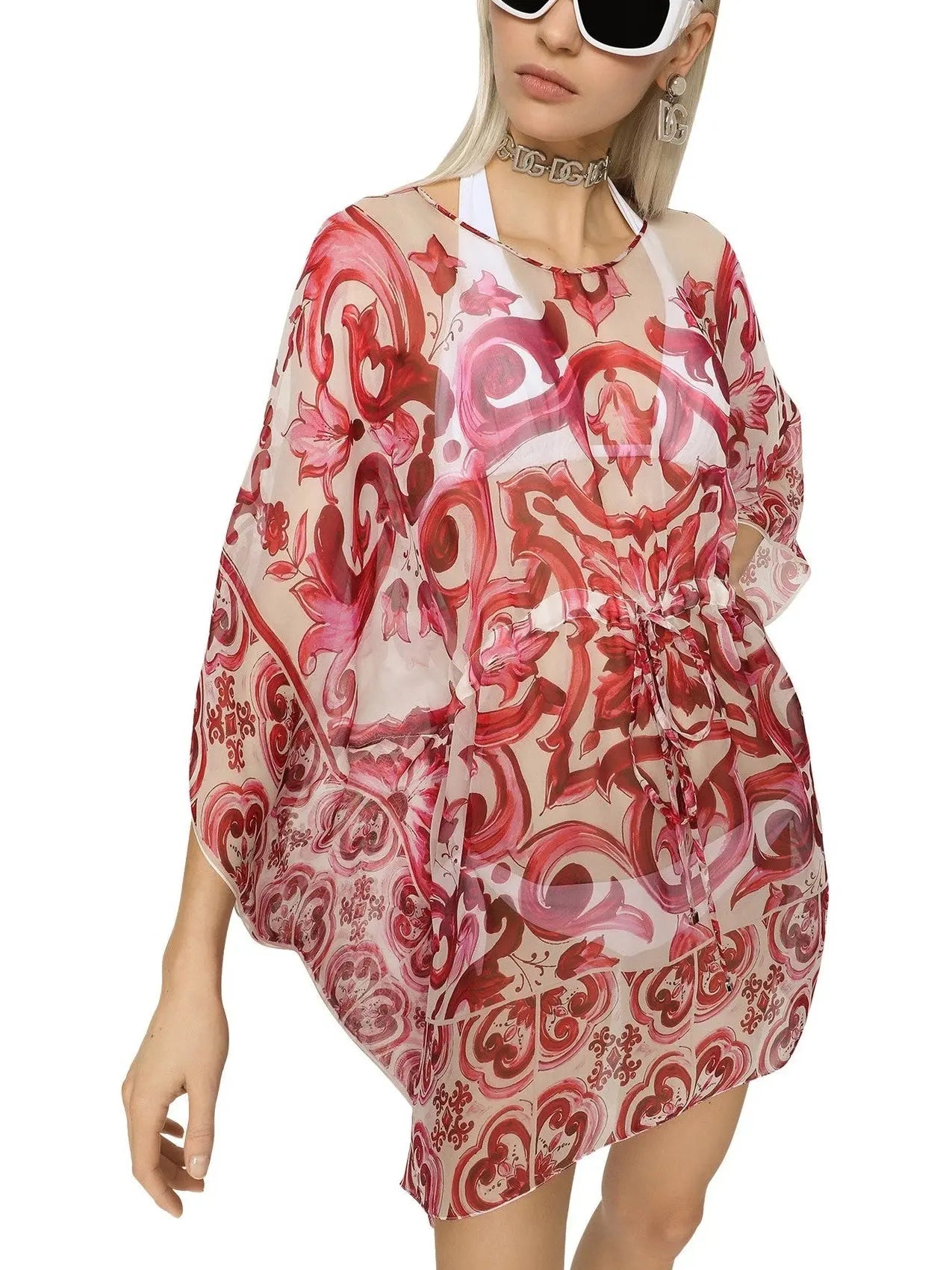 Majolica Print Chiffon Short Kaftan Dress - Dresses