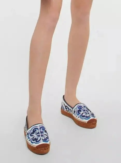 Majolica-Print Cotton Espadrilles in Blue and White - Footwear