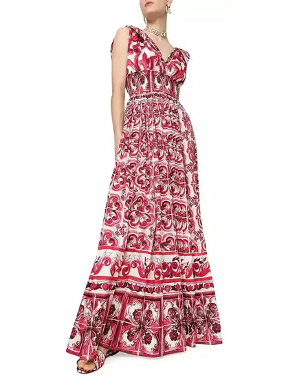 Majolica Print Halter Maxi Dress - Dresses