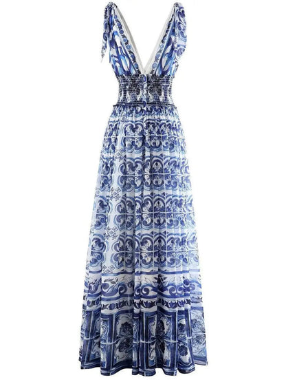 Majolica-Print Long Poplin Dress - Dresses