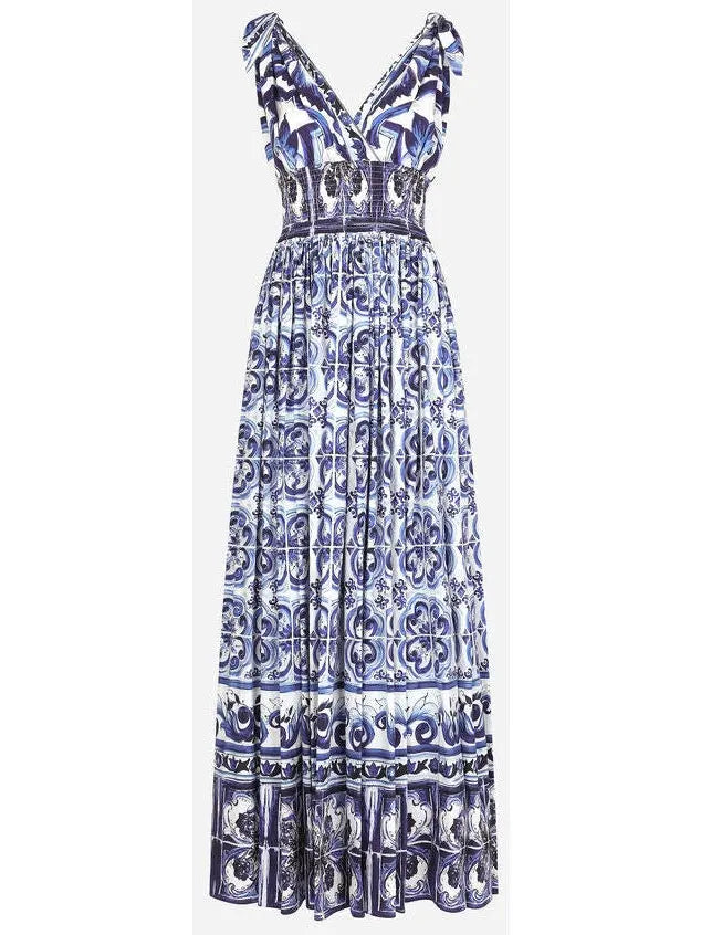 Majolica-Print Long Poplin Dress - Dresses