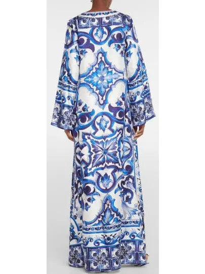 Majolica Print Long Twill Kaftan Blue - Dresses