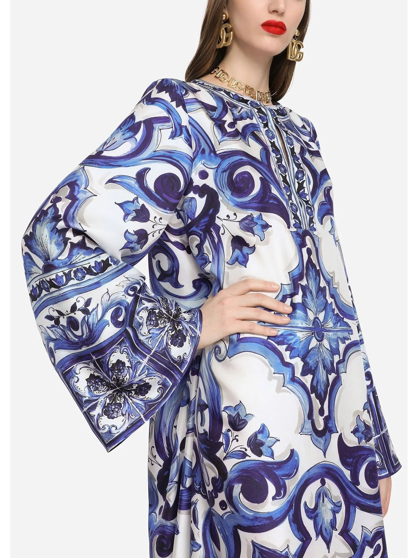 Majolica Print Long Twill Kaftan Blue - Dresses