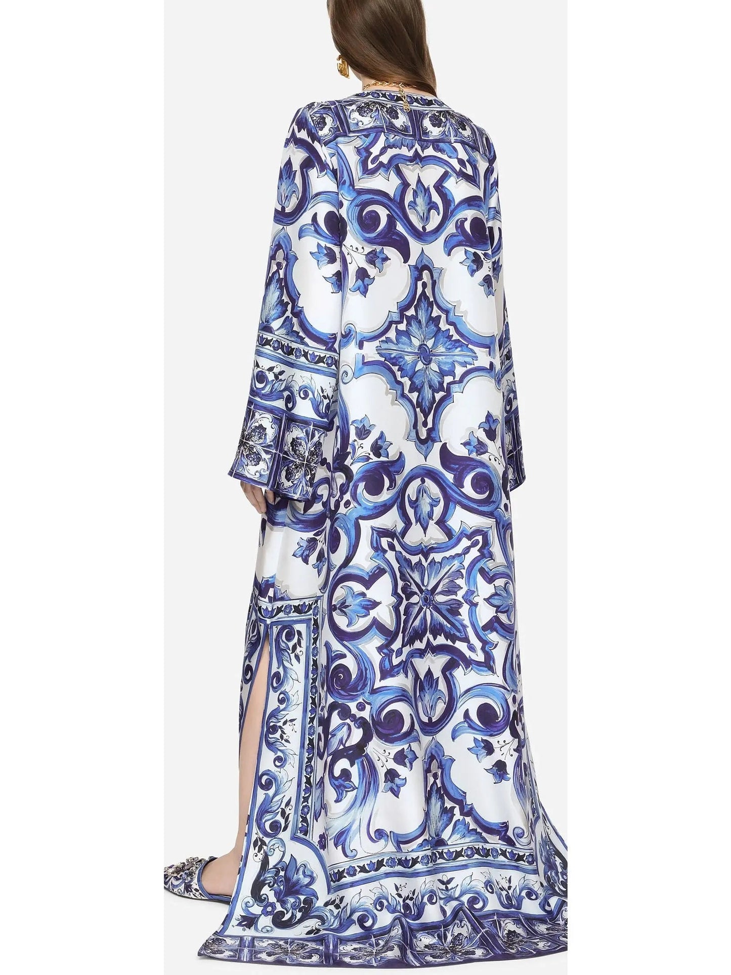 Majolica Print Long Twill Kaftan Blue - Dresses