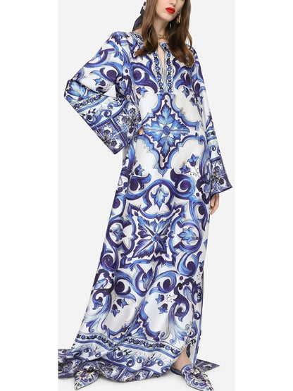 Majolica Print Long Twill Kaftan Blue - Dresses