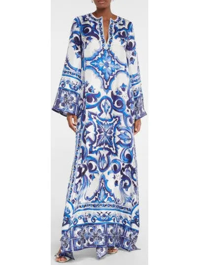 Majolica Print Long Twill Kaftan Blue - Dresses