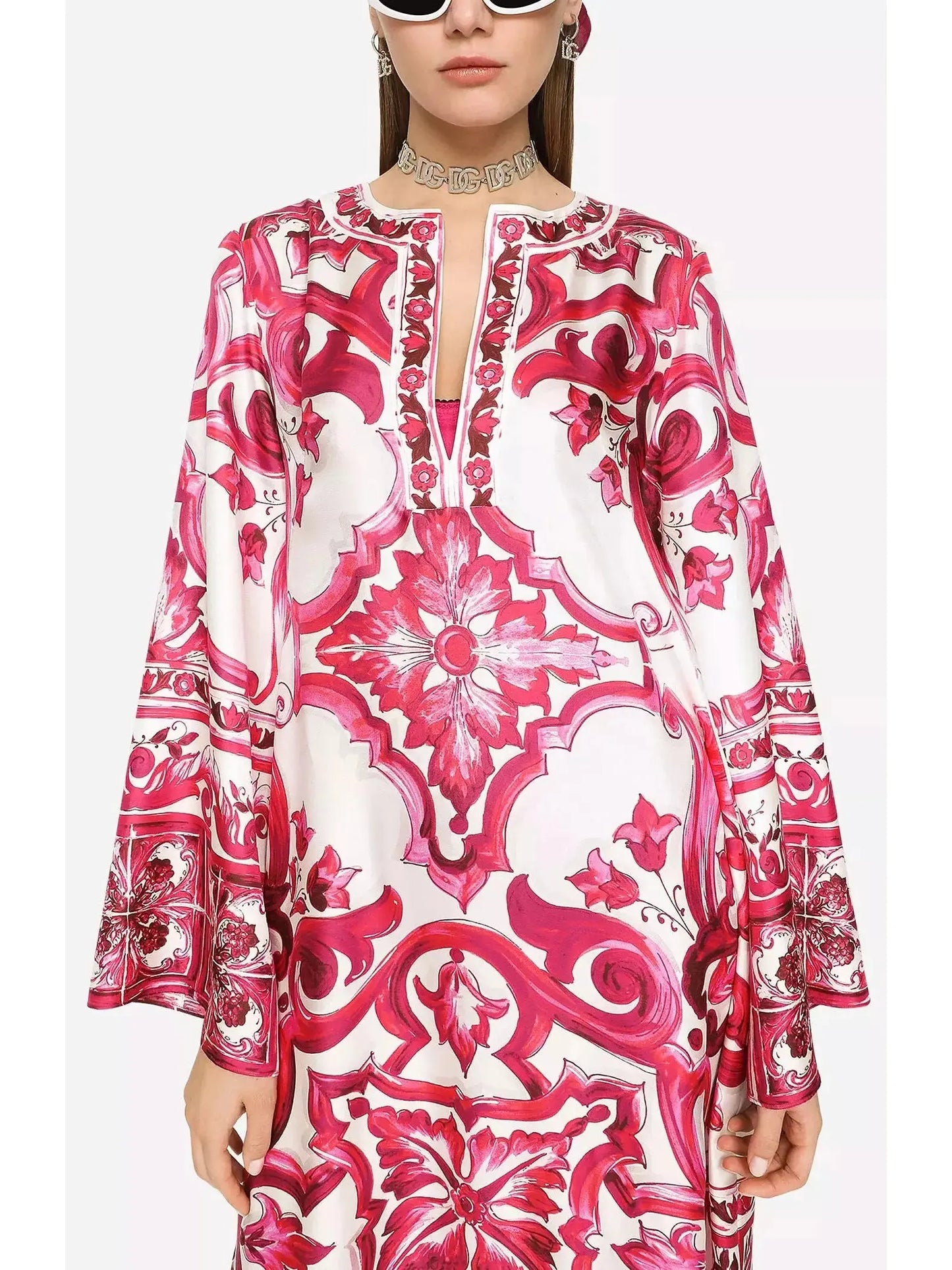 Majolica Print Long Twill Kaftan Red - Dresses