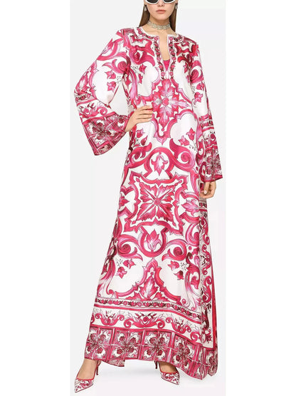 Majolica Print Long Twill Kaftan Red - Dresses