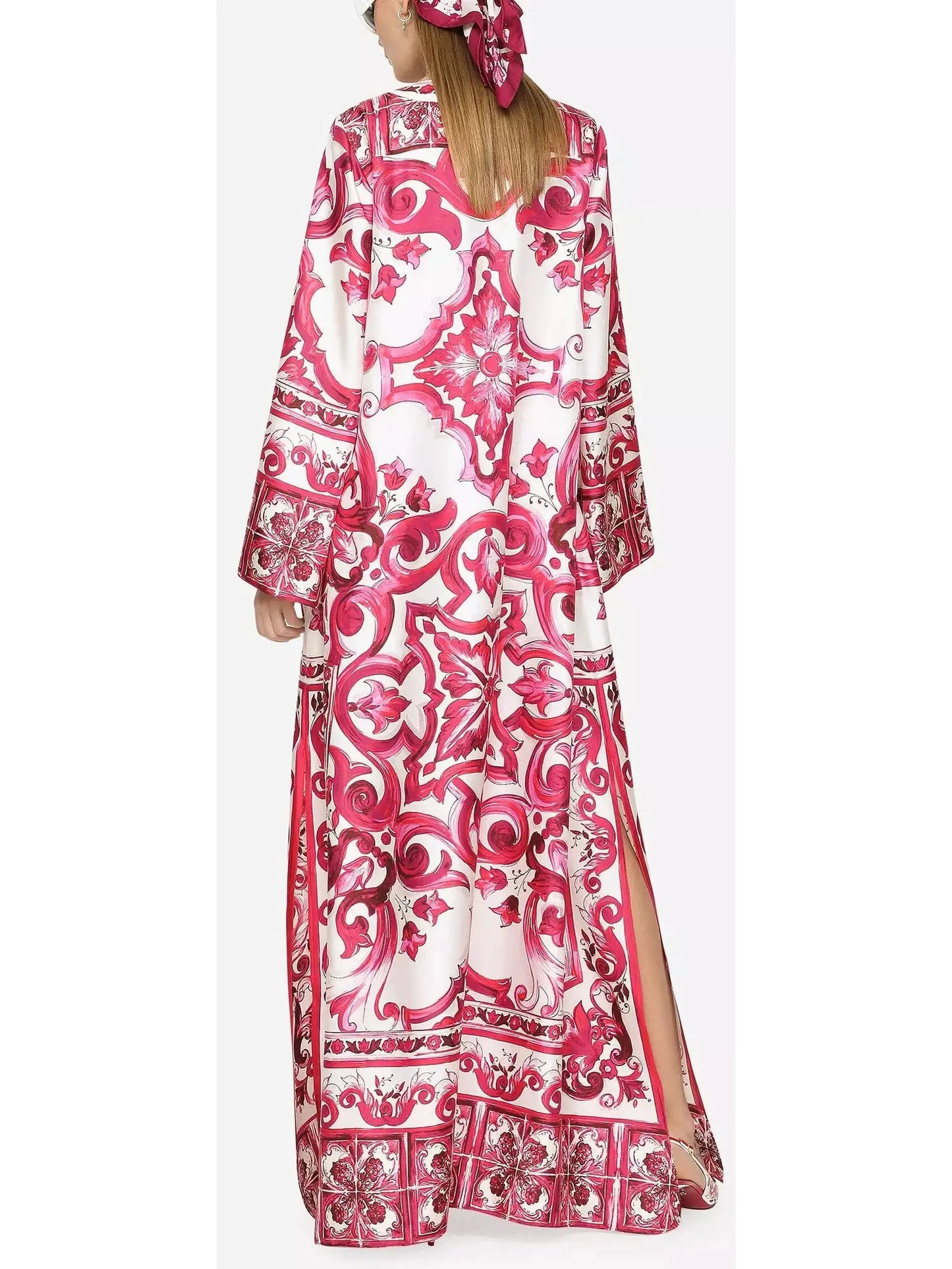 Majolica Print Long Twill Kaftan Red - Dresses