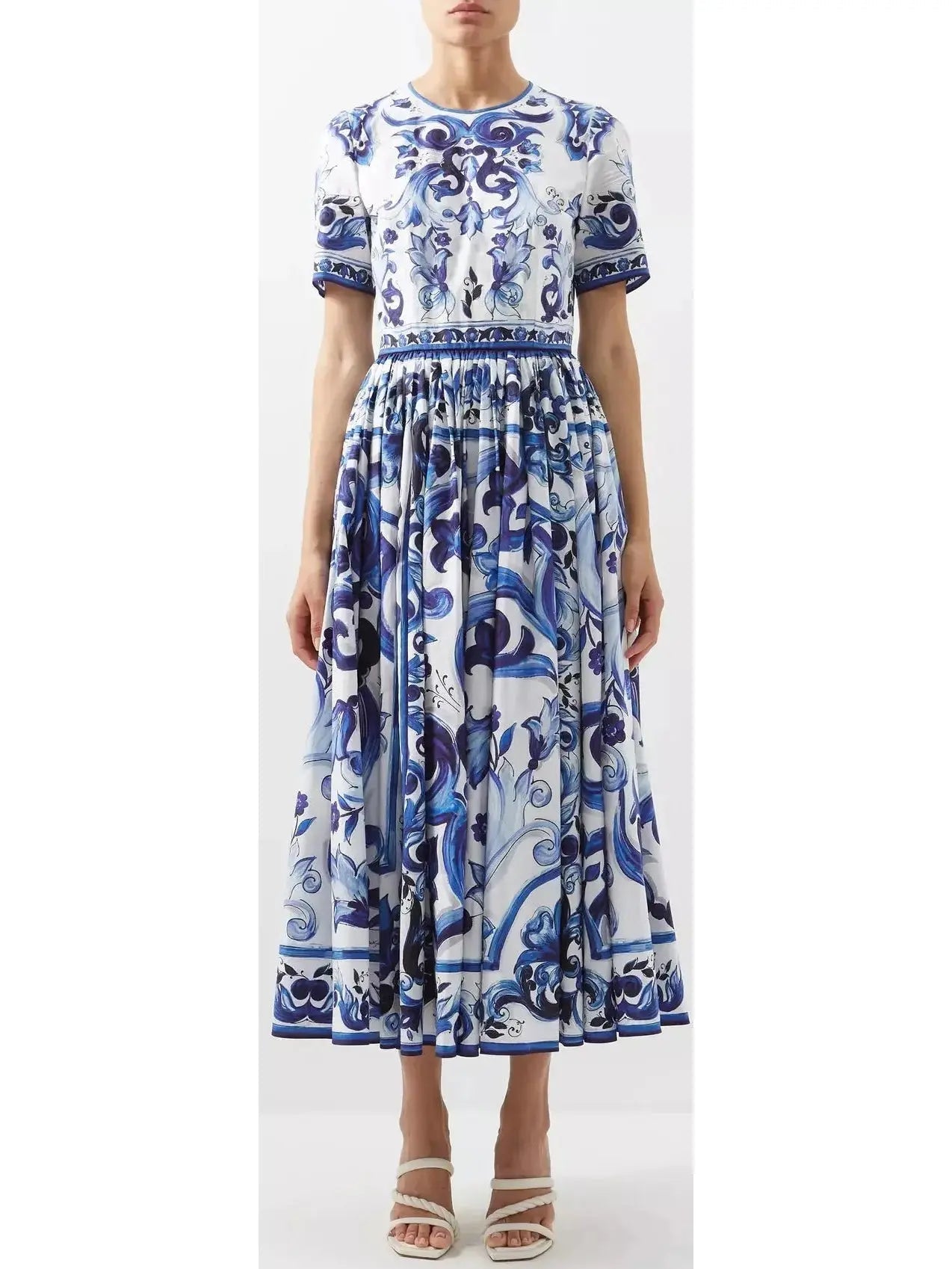 Majolica-Print Poplin Calf-Length Dress - Dresses