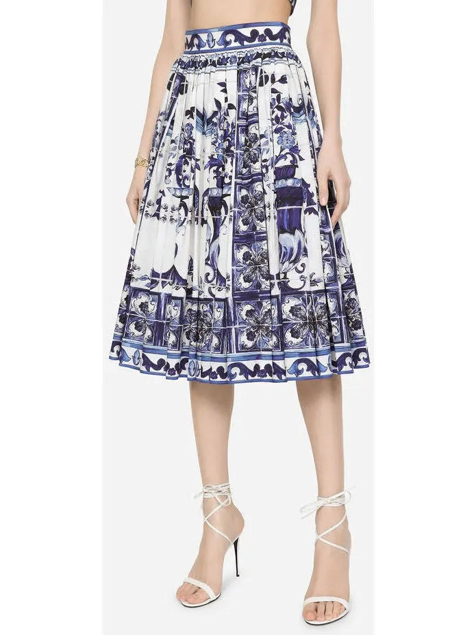 Majolica-Print Poplin Midi Skirt - Skirts