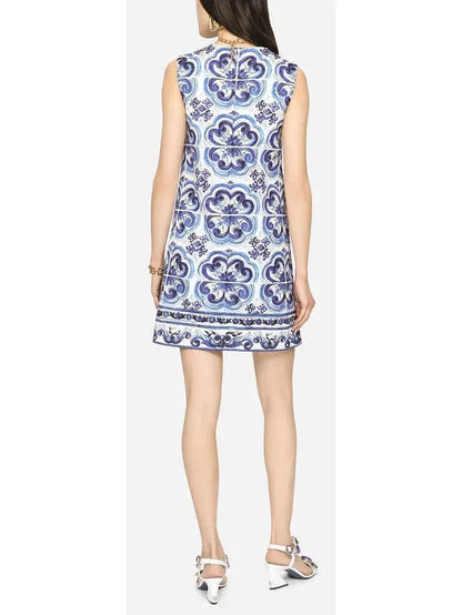 Majolica-Print Short Brocade Dress - Dresses