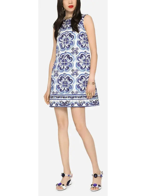 Majolica-Print Short Brocade Dress - Dresses