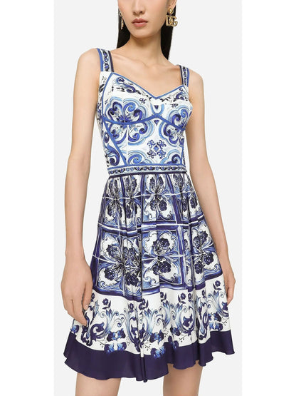 Majolica Print Short Charmeuse Bustier Dress Blue - Dresses