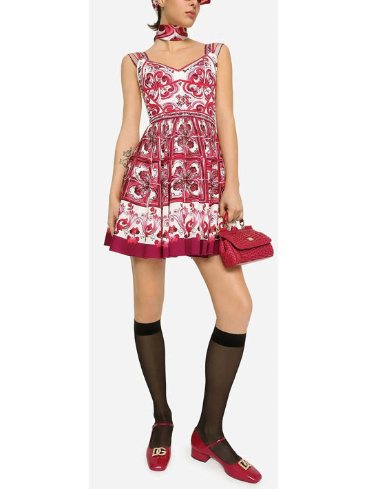 Majolica Print Short Charmeuse Bustier Dress Red - Dresses