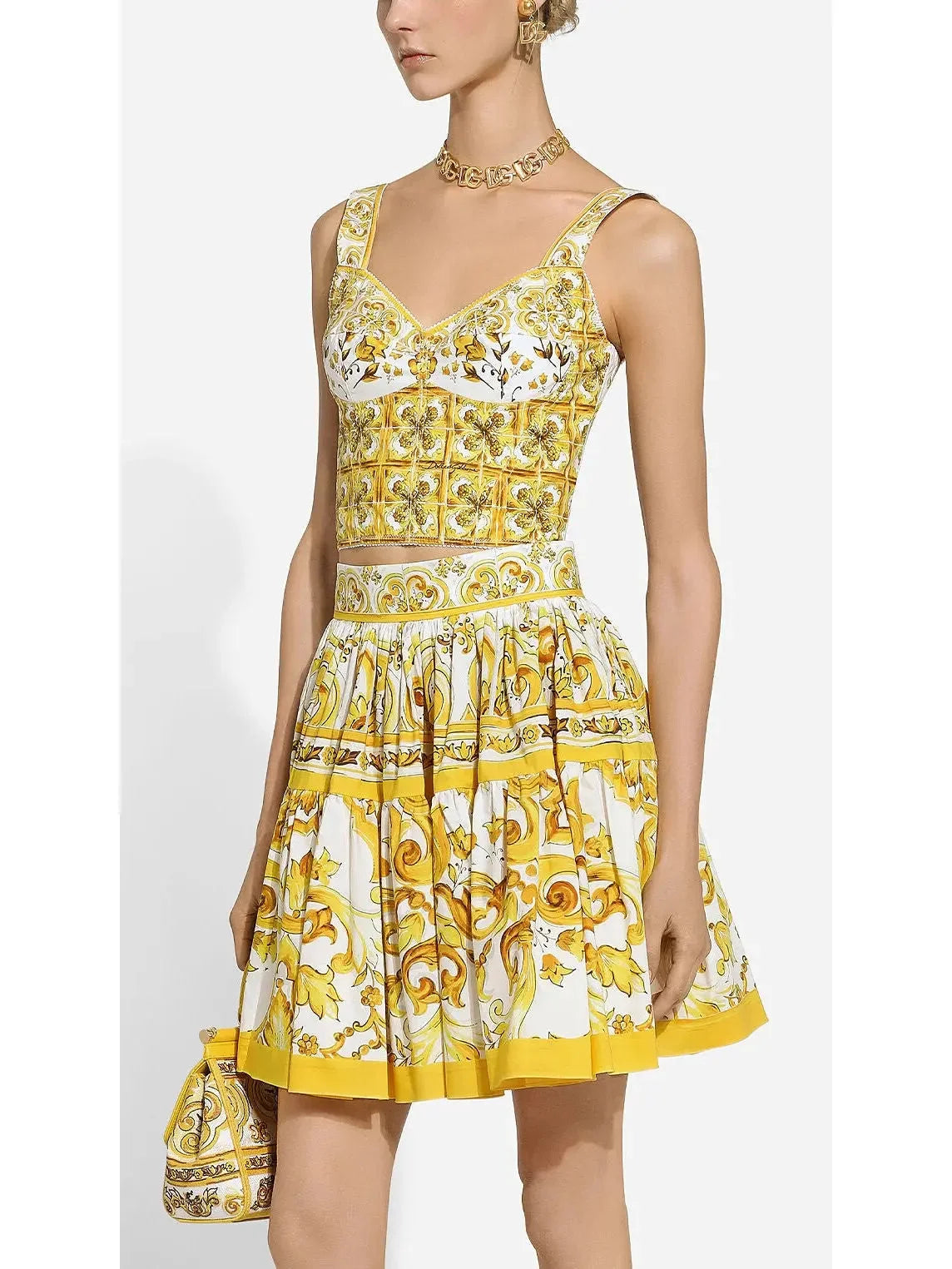 Majolica Print Short Cotton Circle Skirt in Yellow and White - Skirts