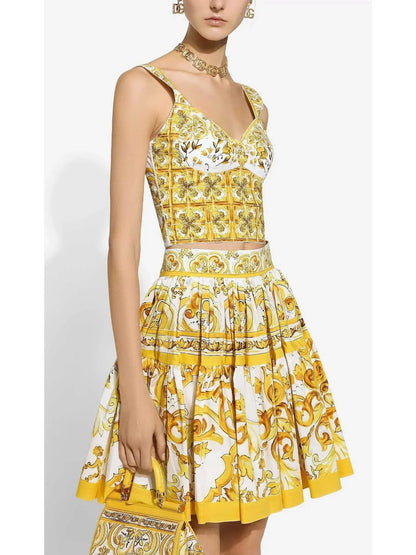 Majolica Print Short Cotton Circle Skirt in Yellow and White - Skirts