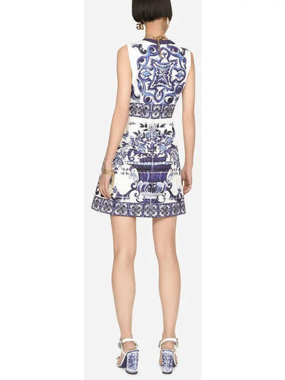 Majolica-Print Short Jacquard Brocade Dress - Dresses