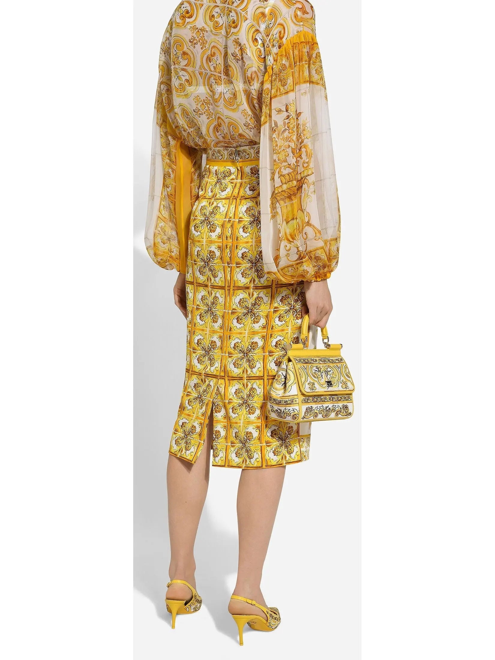 Majolica Print Silk Charmeuse Calf-Length Skirt in Yellow and White - Skirts