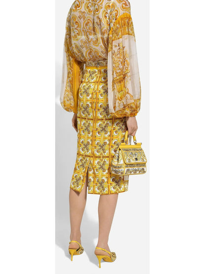 Majolica Print Silk Charmeuse Calf-Length Skirt in Yellow and White - Skirts