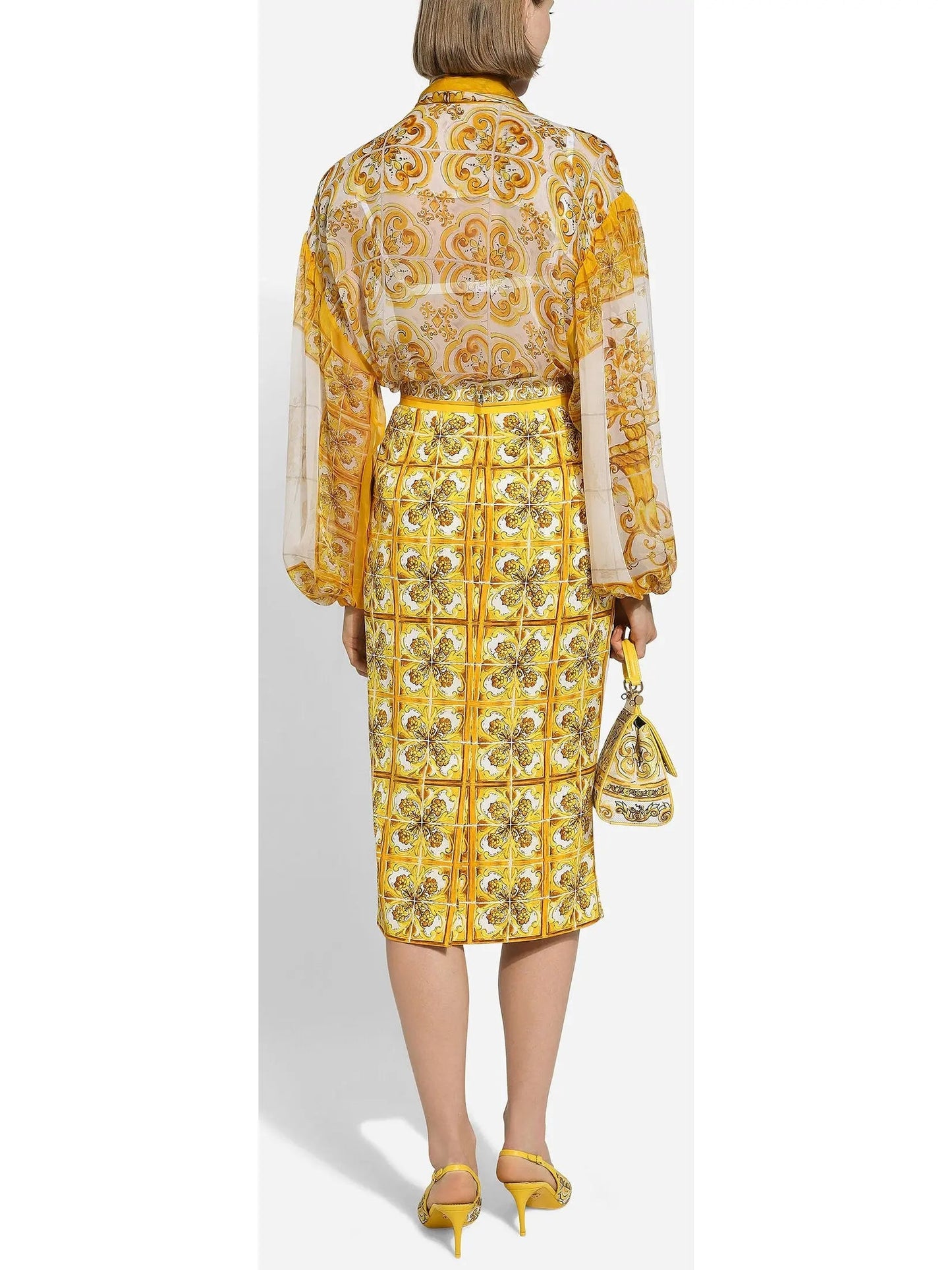 Majolica Print Silk Charmeuse Calf-Length Skirt in Yellow and White - Skirts