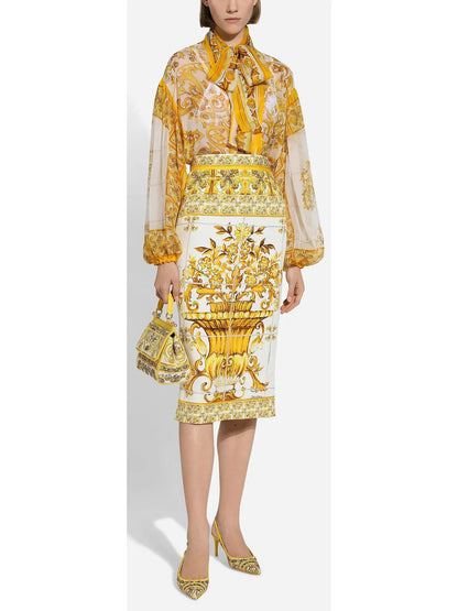 Majolica Print Silk Charmeuse Calf-Length Skirt in Yellow and White - Skirts