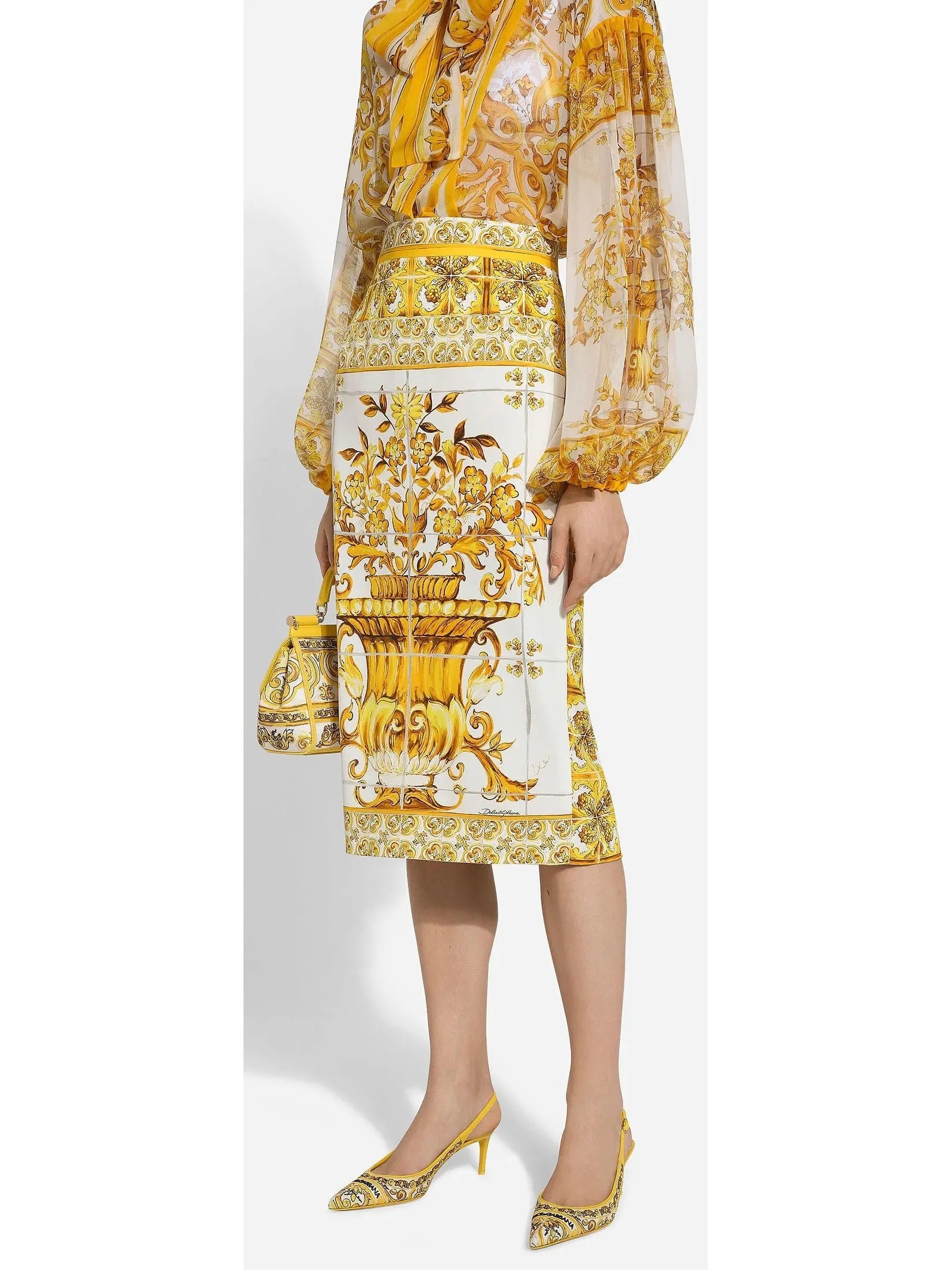 Majolica Print Silk Charmeuse Calf-Length Skirt in Yellow and White - Skirts