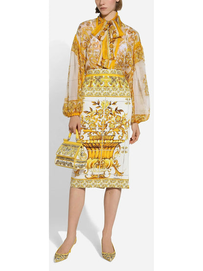 Majolica Print Silk Charmeuse Calf-Length Skirt in Yellow and White - Skirts