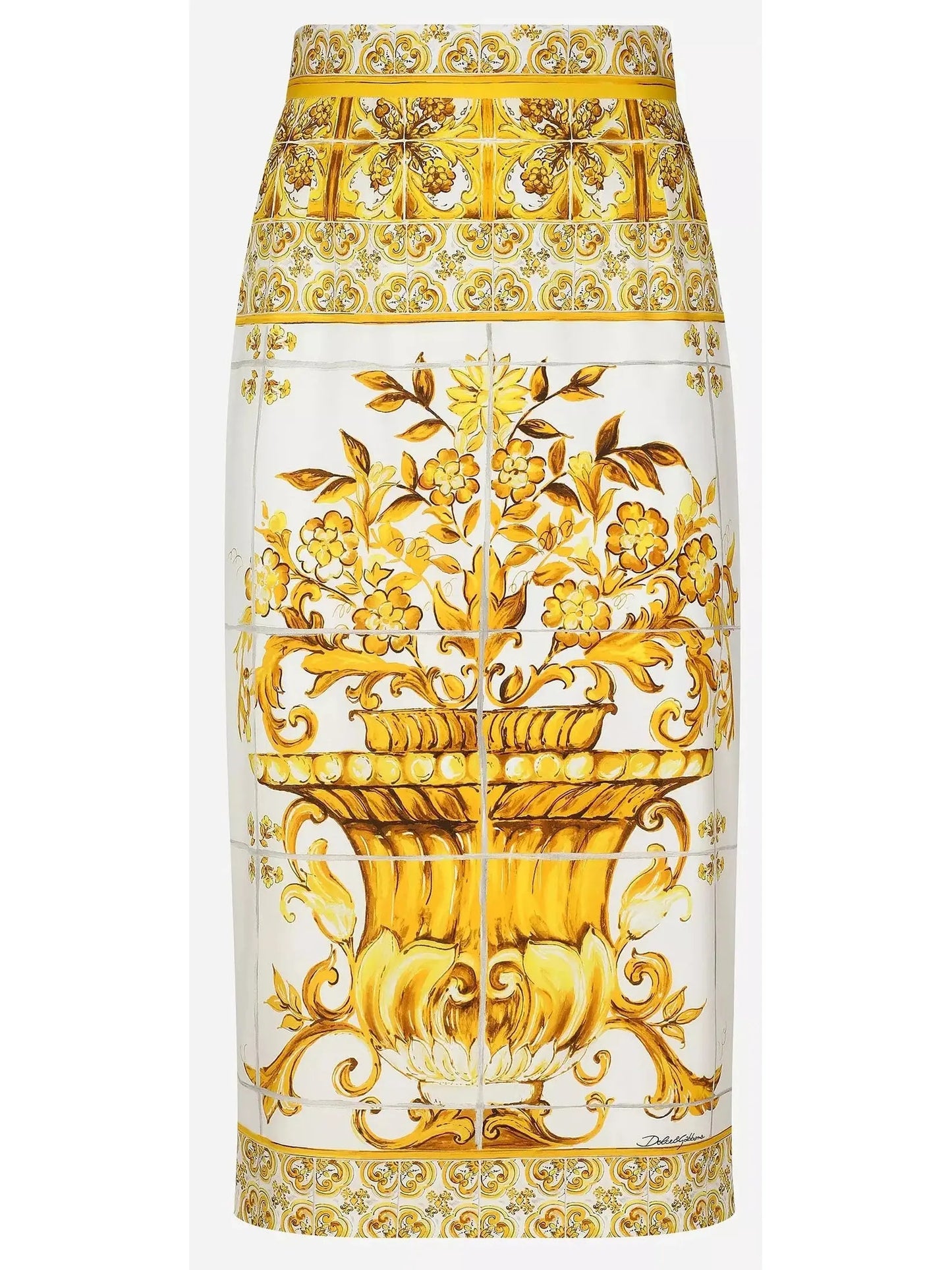 Majolica Print Silk Charmeuse Calf-Length Skirt in Yellow and White - s - Skirts