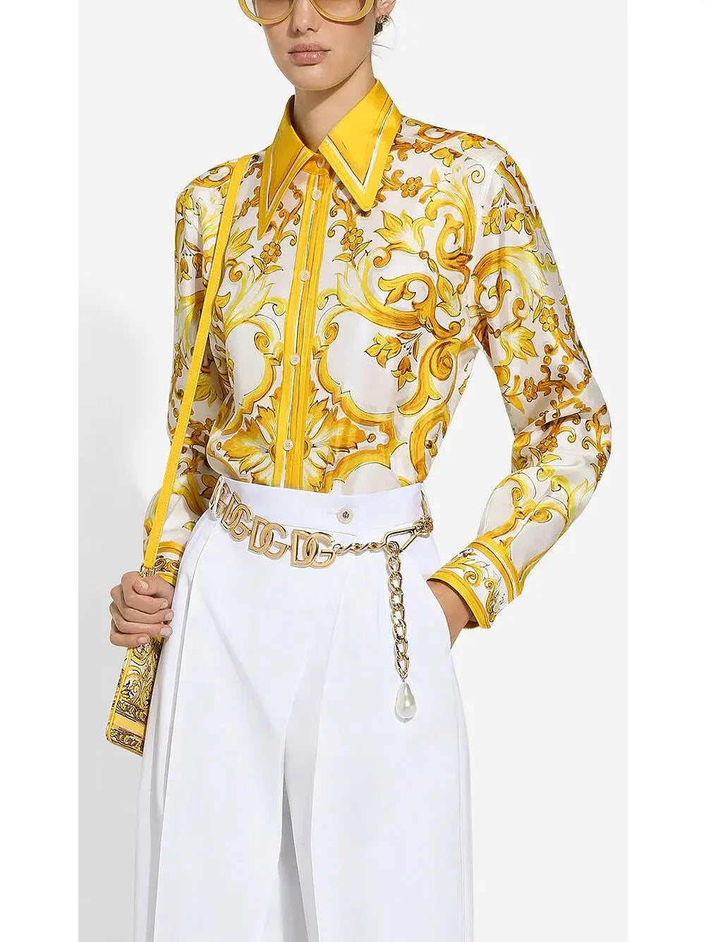 Majolica Print Silk Twill Shirt in Yellow and White - Tops