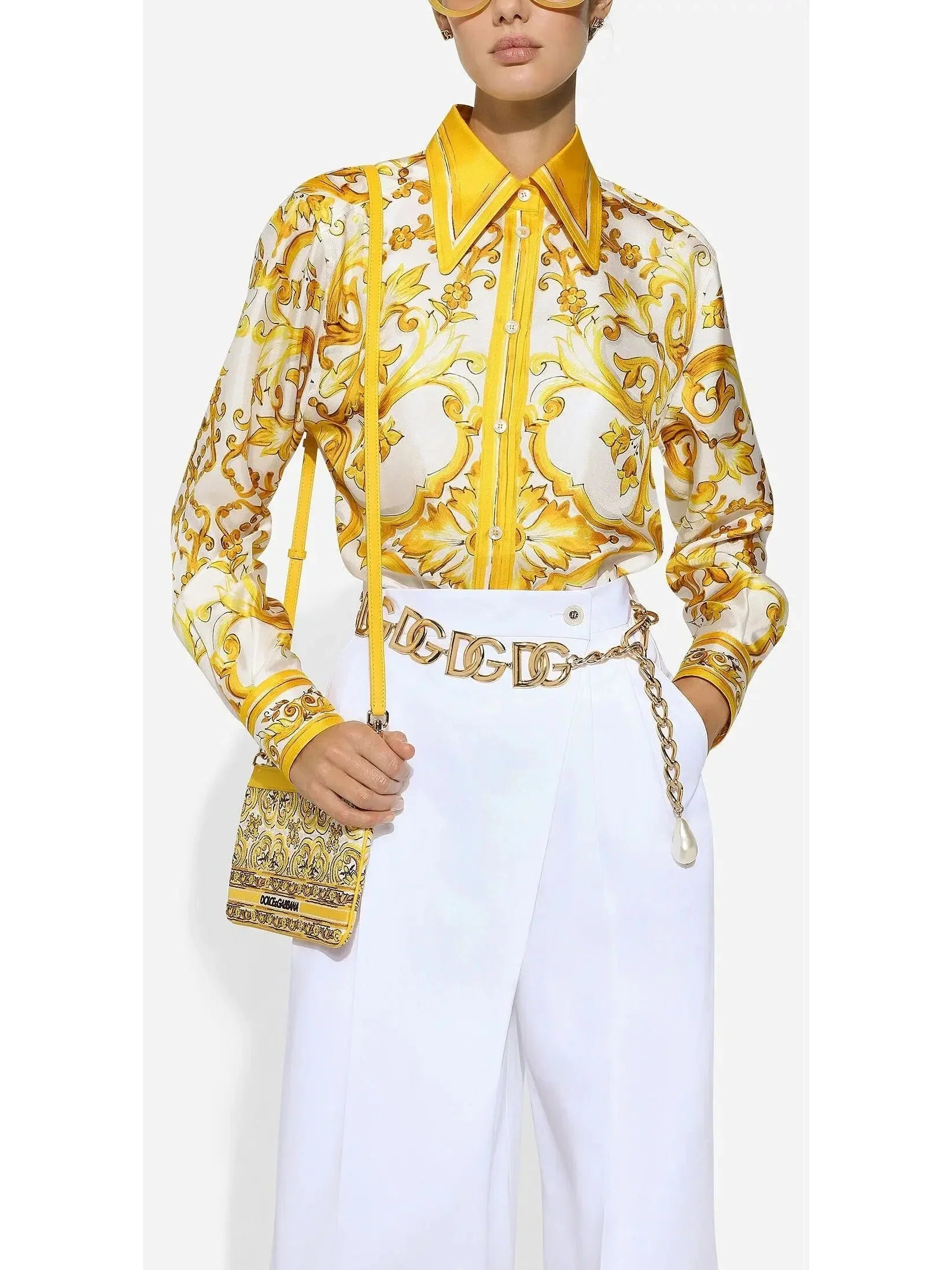 Majolica Print Silk Twill Shirt in Yellow and White - Tops