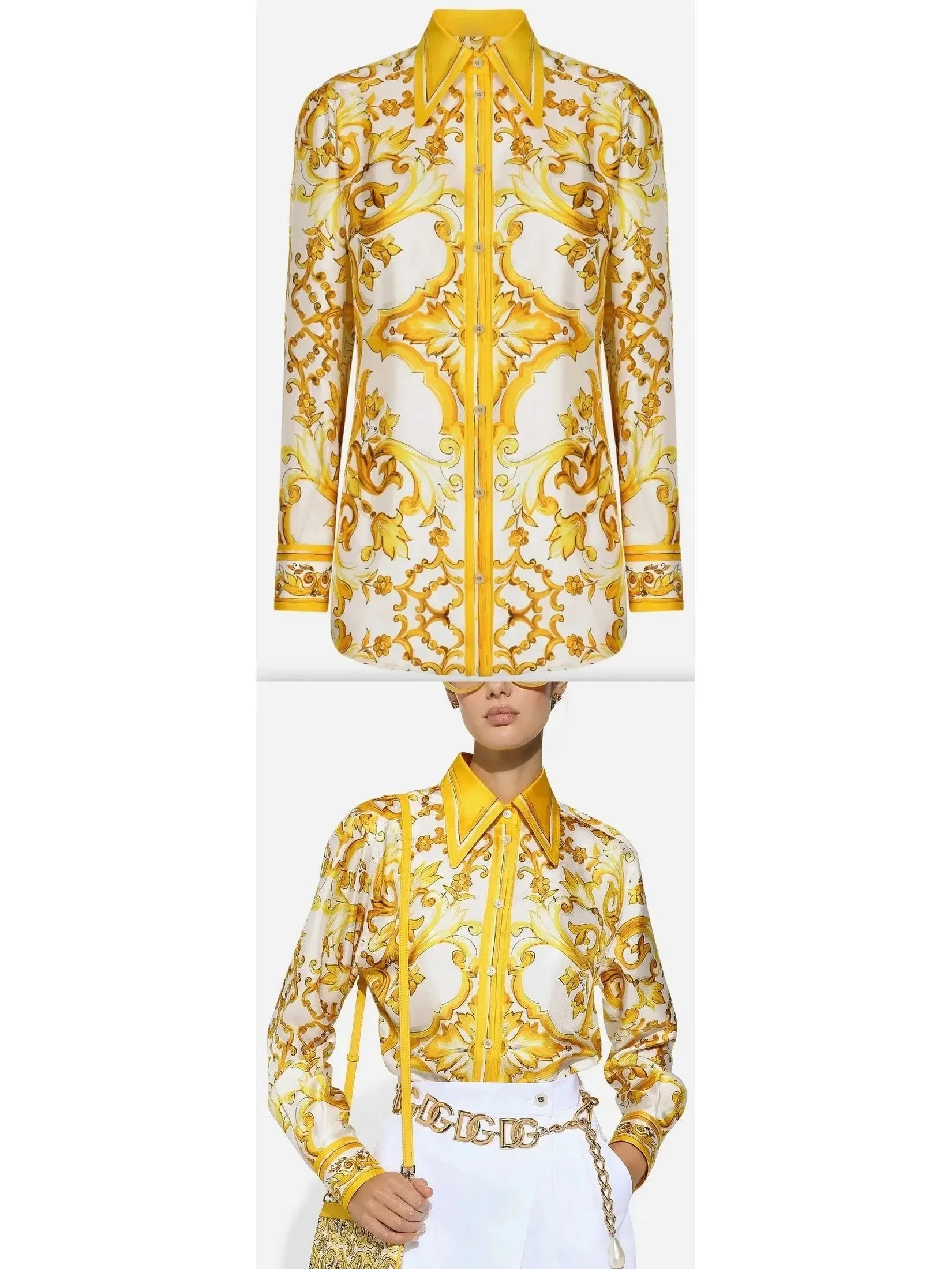Majolica Print Silk Twill Shirt in Yellow and White - Tops