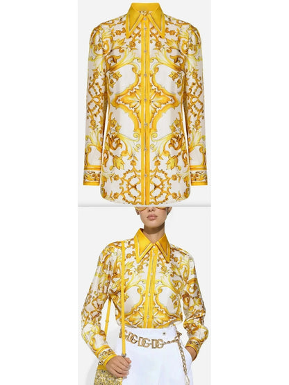 Majolica Print Silk Twill Shirt in Yellow and White - Tops