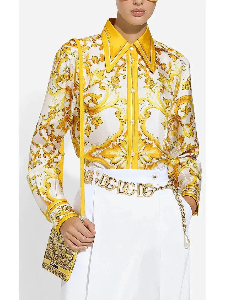 Majolica Print Silk Twill Shirt in Yellow and White - Tops