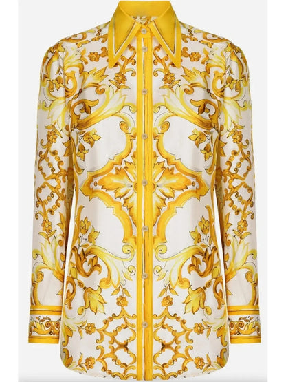 Majolica Print Silk Twill Shirt in Yellow and White - Tops