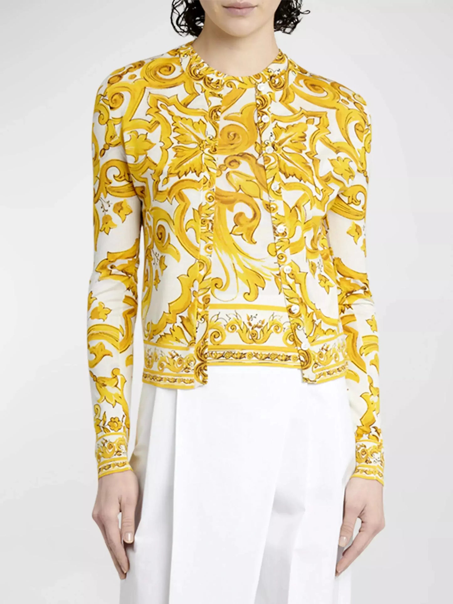 Majolica Print Yellow and White Silk Cardigan Sweater - Sweaters & Knitwear