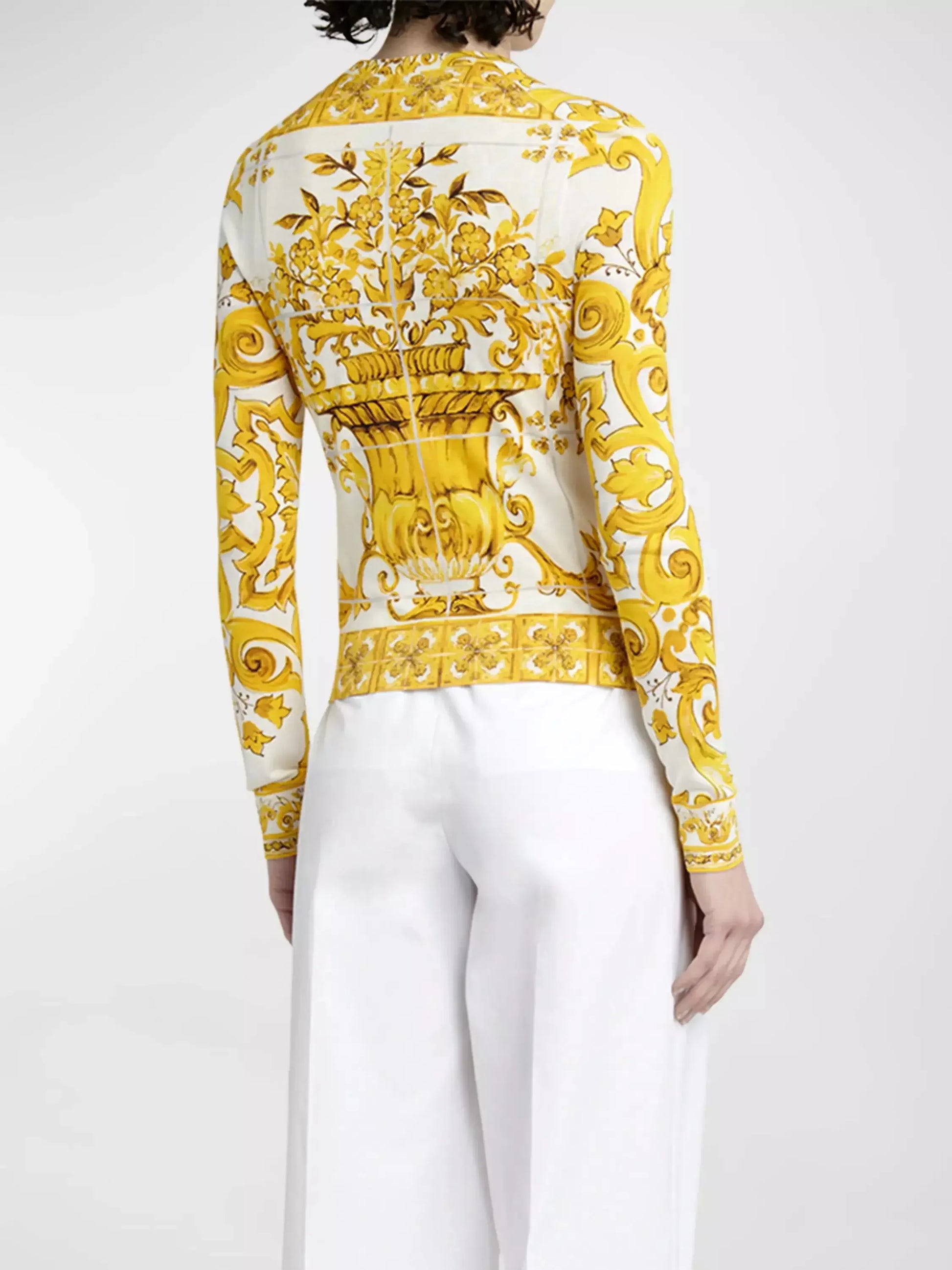 Majolica Print Yellow and White Silk Cardigan Sweater - Sweaters & Knitwear