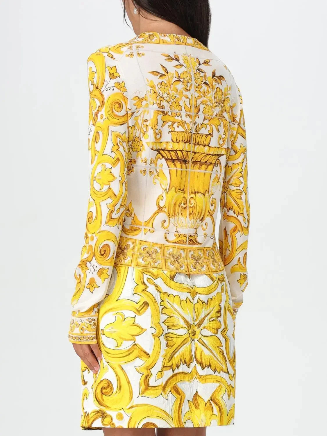 Majolica Print Yellow and White Silk Cardigan Sweater - Sweaters & Knitwear