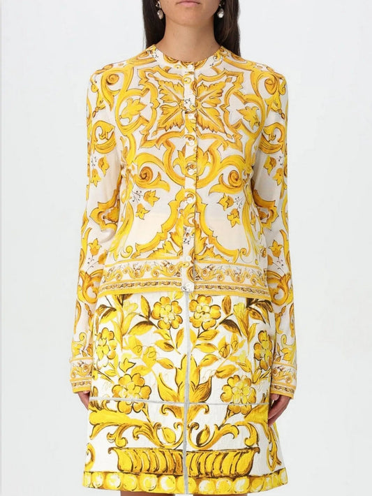 Majolica Print Yellow and White Silk Cardigan Sweater - Sweaters & Knitwear